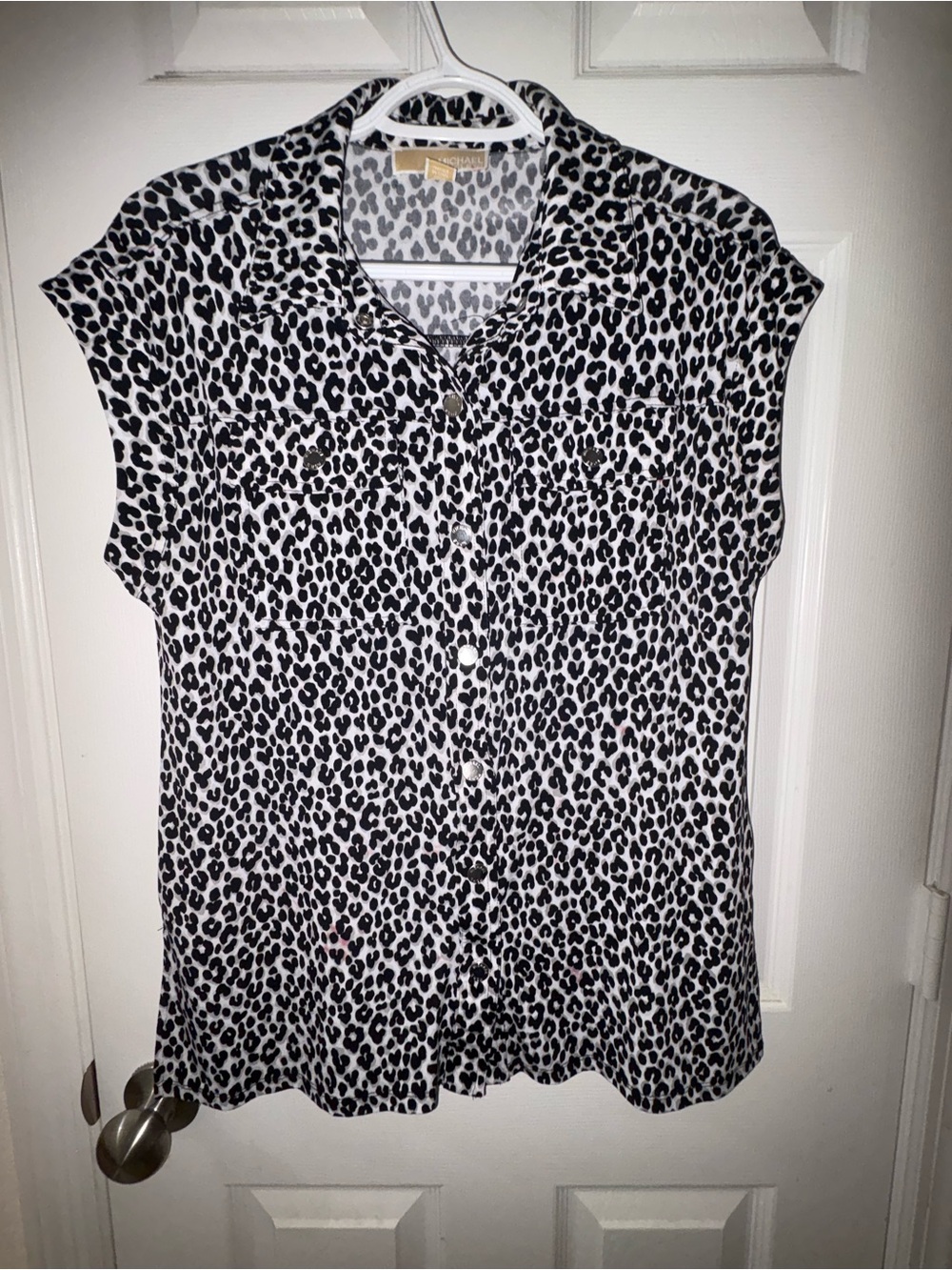 Michael Kors Black and White Leopard Print Button-Down Top